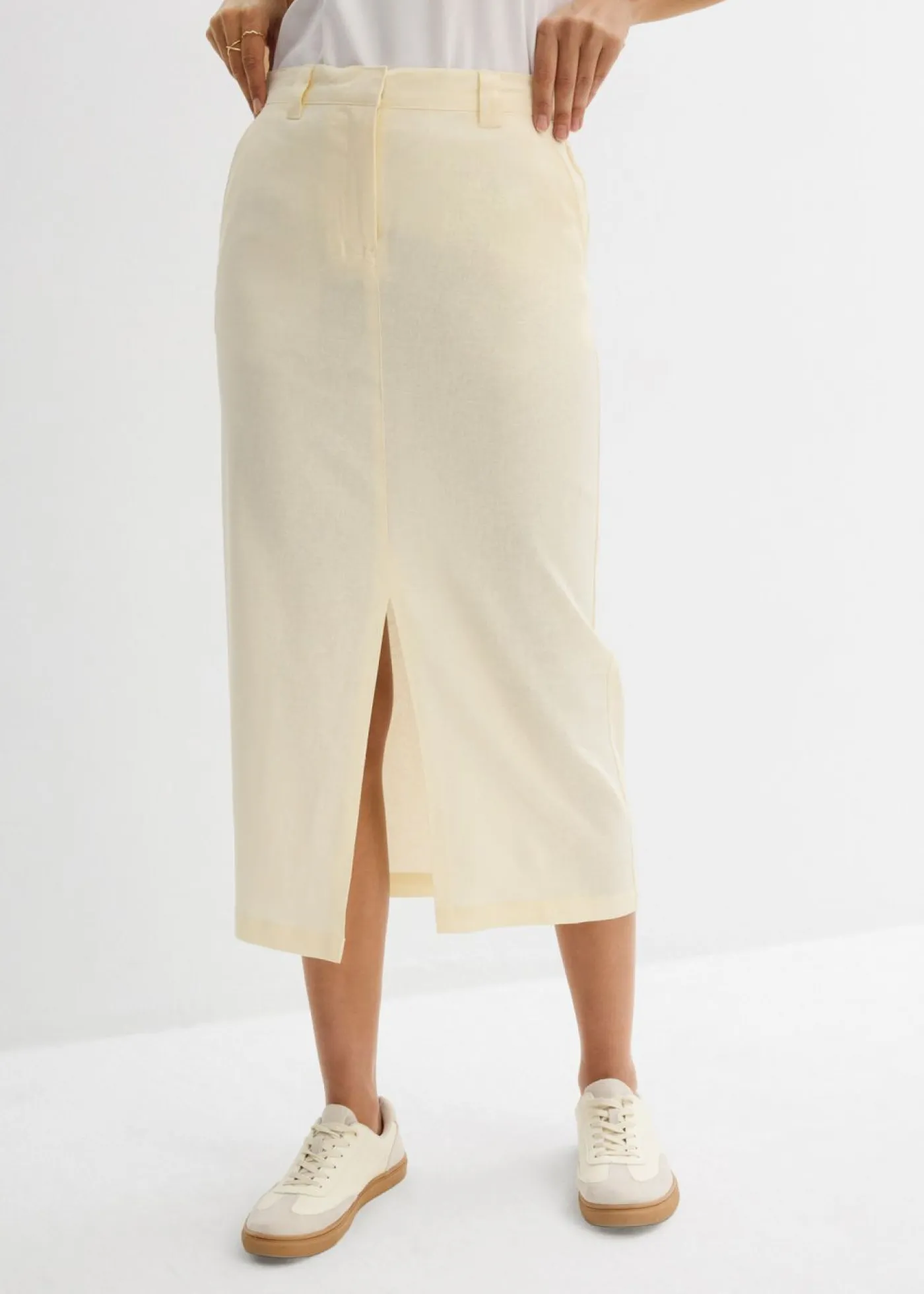 bonprix bonprix Faldas>Falda midi de mezcla de lino vaporosa Blanco-crema