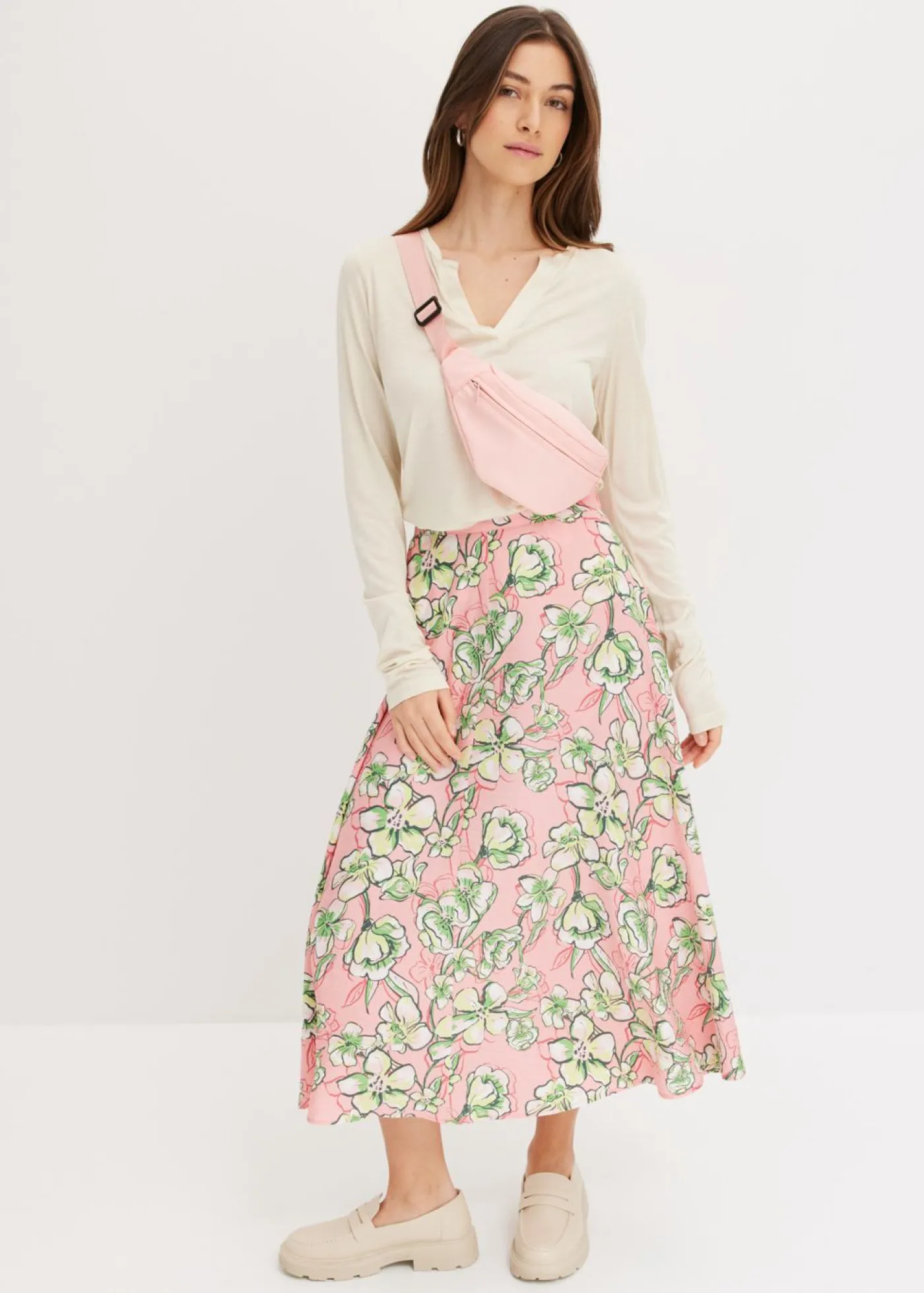 bonprix bonprix Faldas>Falda midi de mezcla de viscosa fluida rosa pálido