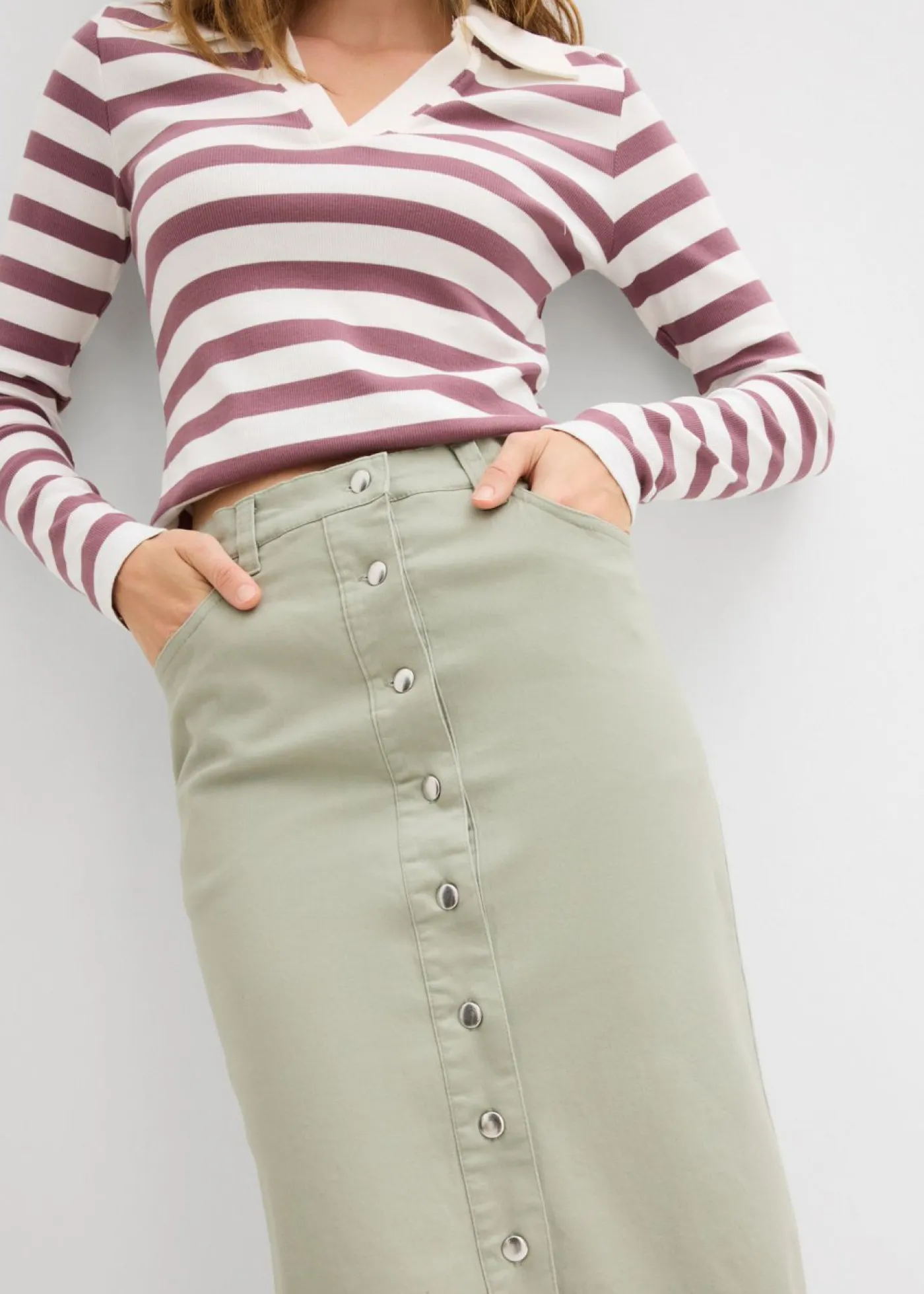 bonprix bonprix Faldas>Falda midi de sarga Verde alga