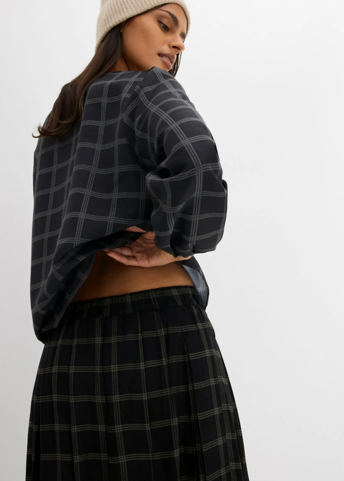 bonprix bonprix Pantalones>Falda pantalón de viscosa fluida negro-verde grisáceo a cuadros