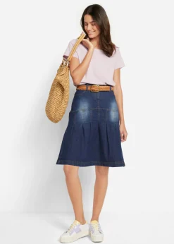 Mujer bonprix bonprix Falda vaquera con ribetes y cintura cómoda, corte en A