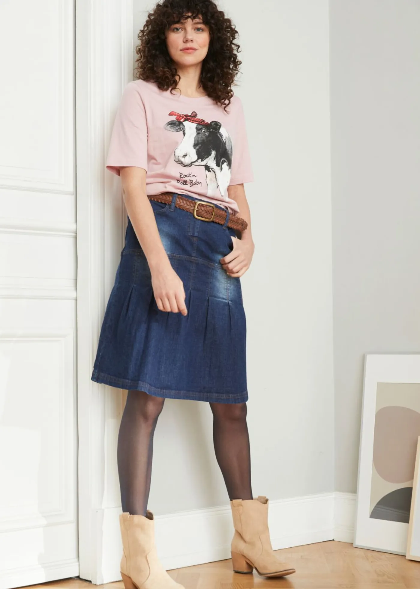 Mujer bonprix bonprix Falda vaquera con ribetes y cintura cómoda, corte en A