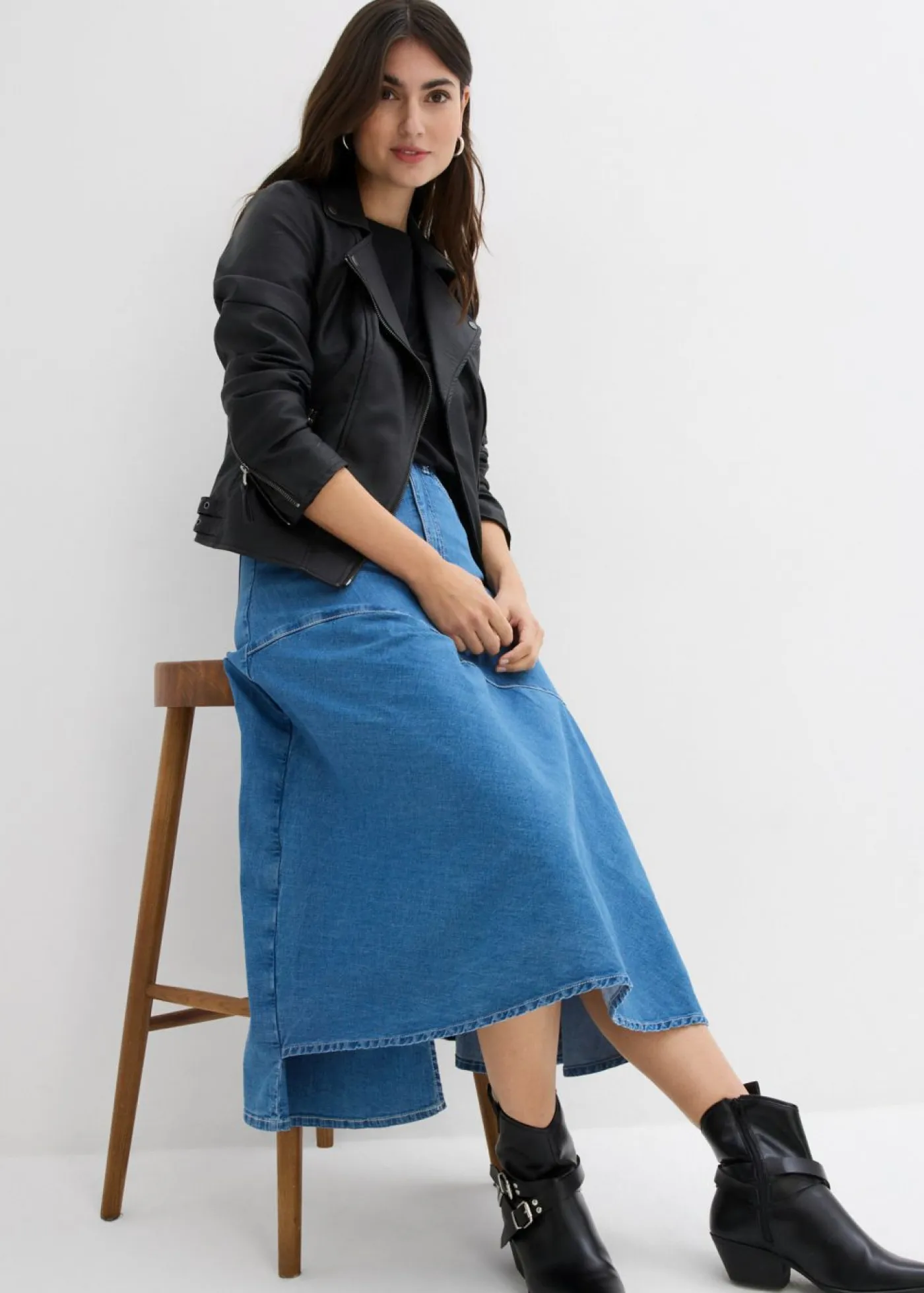 bonprix bonprix Faldas>Falda vaquera de talle alto y largo midi azul claro denim usado