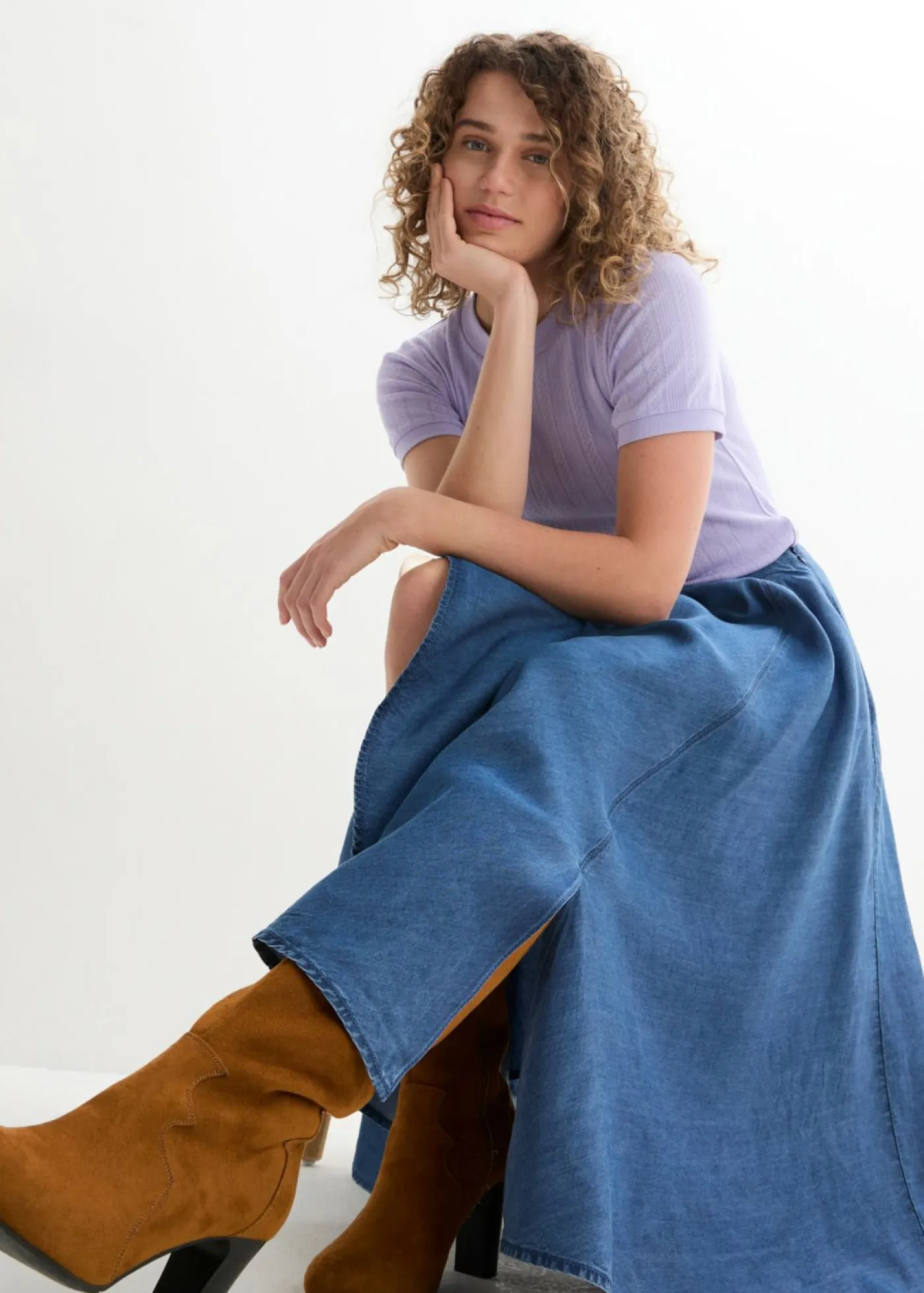 bonprix bonprix Faldas>Falda vaquera, high waist, cintura cómoda, de algodón orgánico Azul piedra