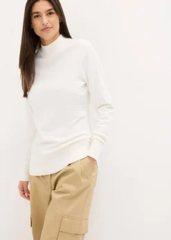 bonprix bonprix Básicos|Jerséis>Jersey básico de punto fino con cuello alto y algodón reciclado Blanco lana