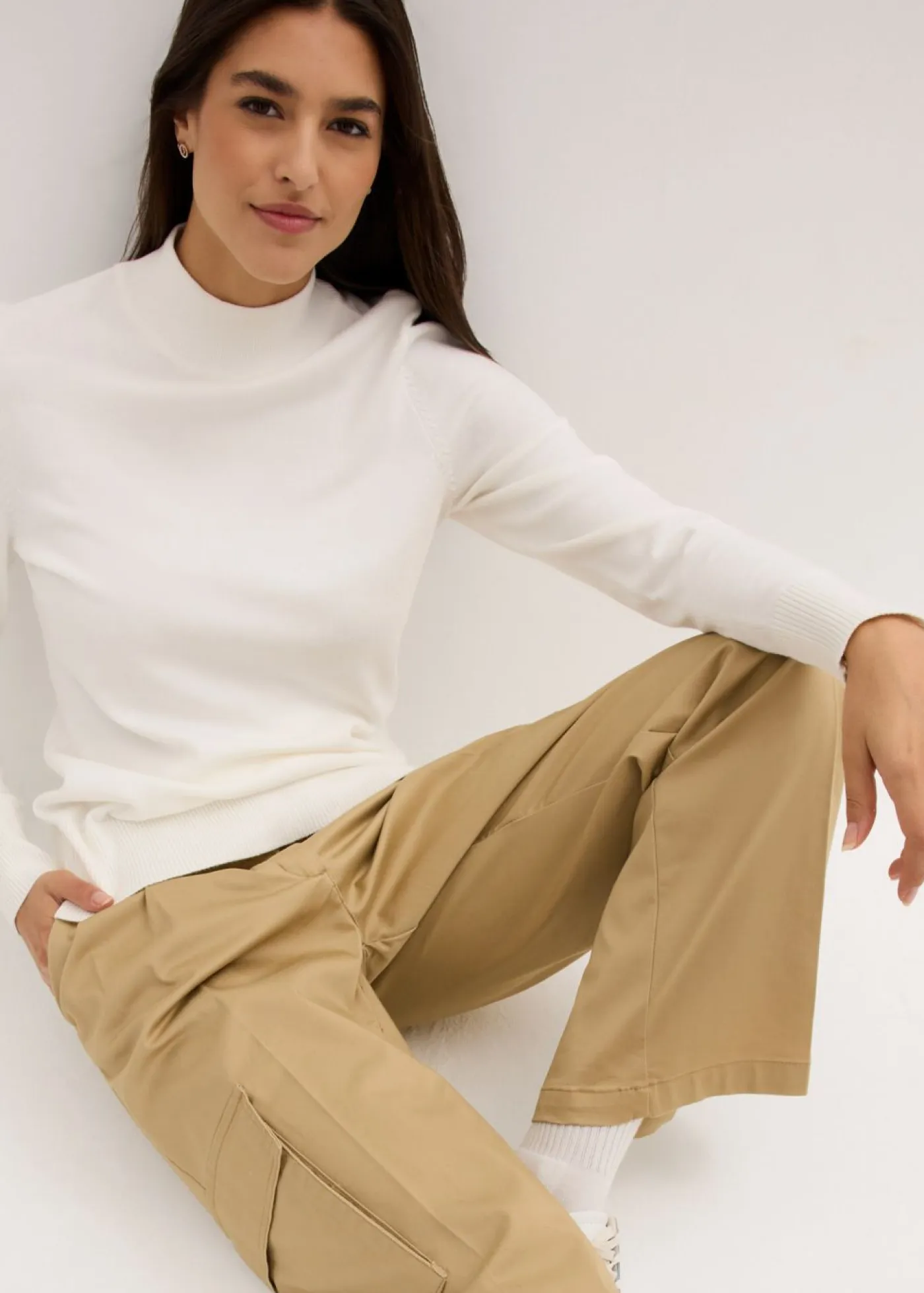 bonprix bonprix Básicos|Jerséis>Jersey básico de punto fino con cuello alto y algodón reciclado Blanco lana