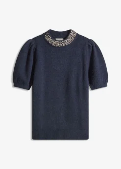 bonprix bonprix Jerséis|Ropa De Punto>Jersey con aplicación de piedras brillantes azul marino-azul oscuro moteado