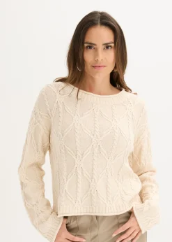 bonprix bonprix Jerséis|Ropa De Punto>Jersey con contenido de algodón gris guijarro-blanco crema moteado