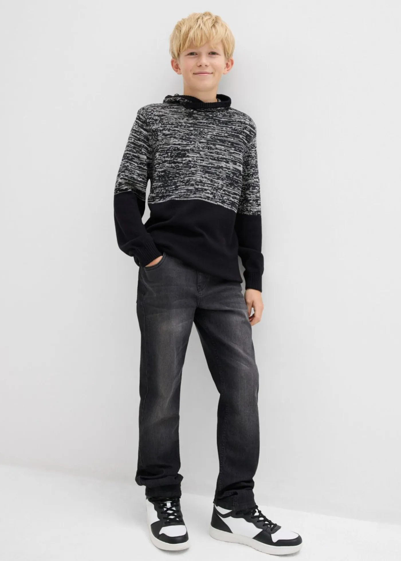 bonprix bonprix Ropa 9 A 16 Años·Sudaderas Y Jerséis>Jersey con cuello tipo chal Negro-gris jaspeado
