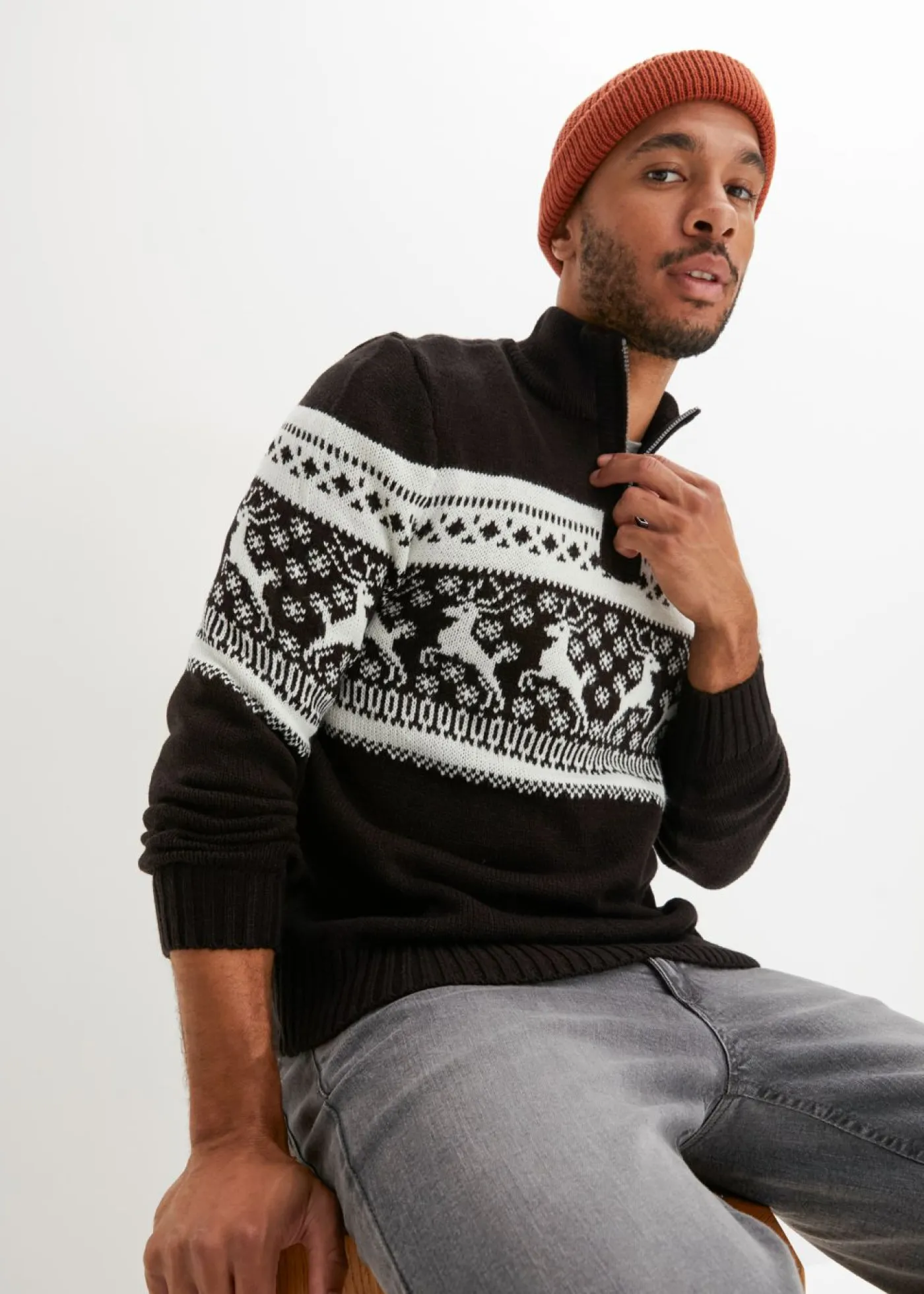 Hombre bonprix bonprix Jersey con cuello troyer y patrón nórdico