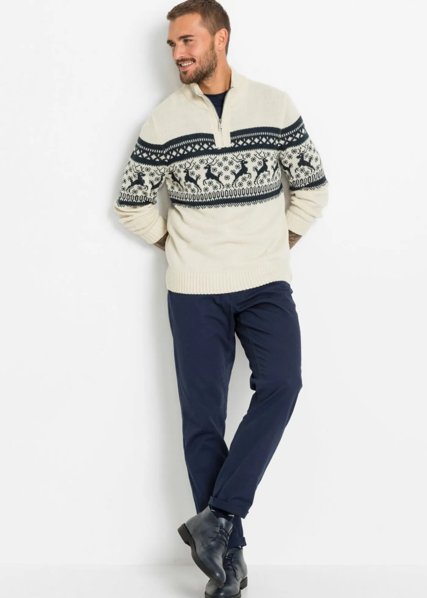 bonprix bonprix Jerséis Y Cárdigans>Jersey con cuello troyer y patrón nórdico Crudo estampado