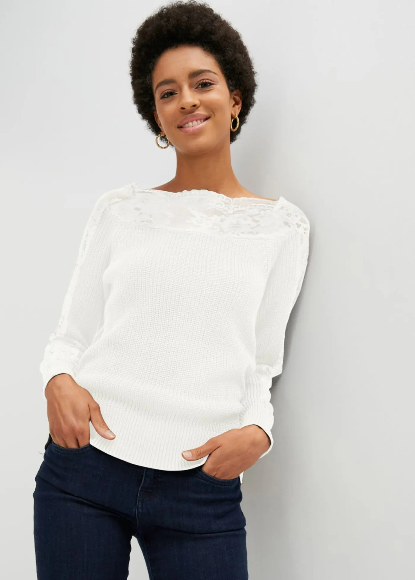 bonprix bonprix Jerséis|Ropa De Punto>Jersey con encaje Blanco lana