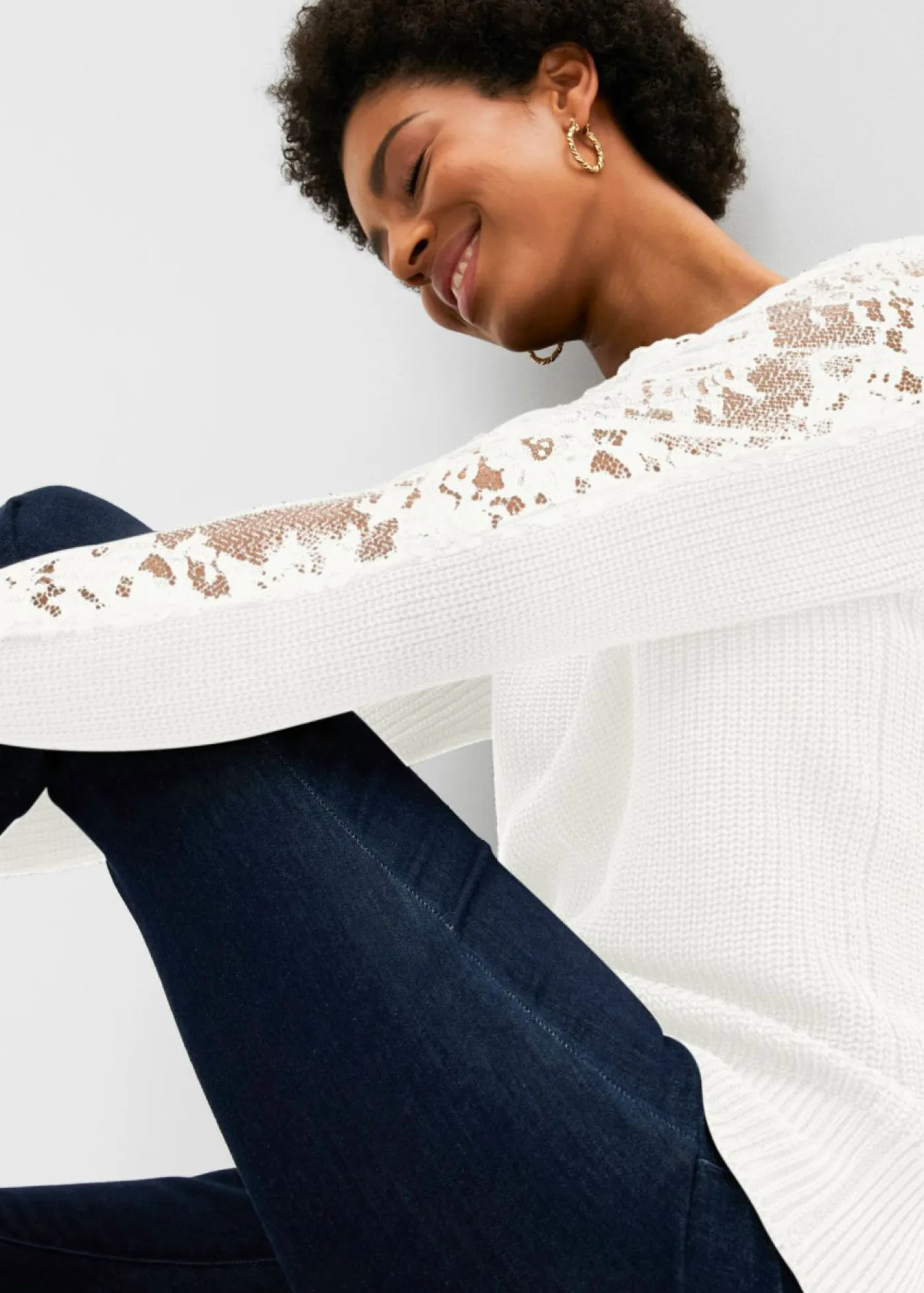 bonprix bonprix Jerséis|Ropa De Punto>Jersey con encaje Blanco lana