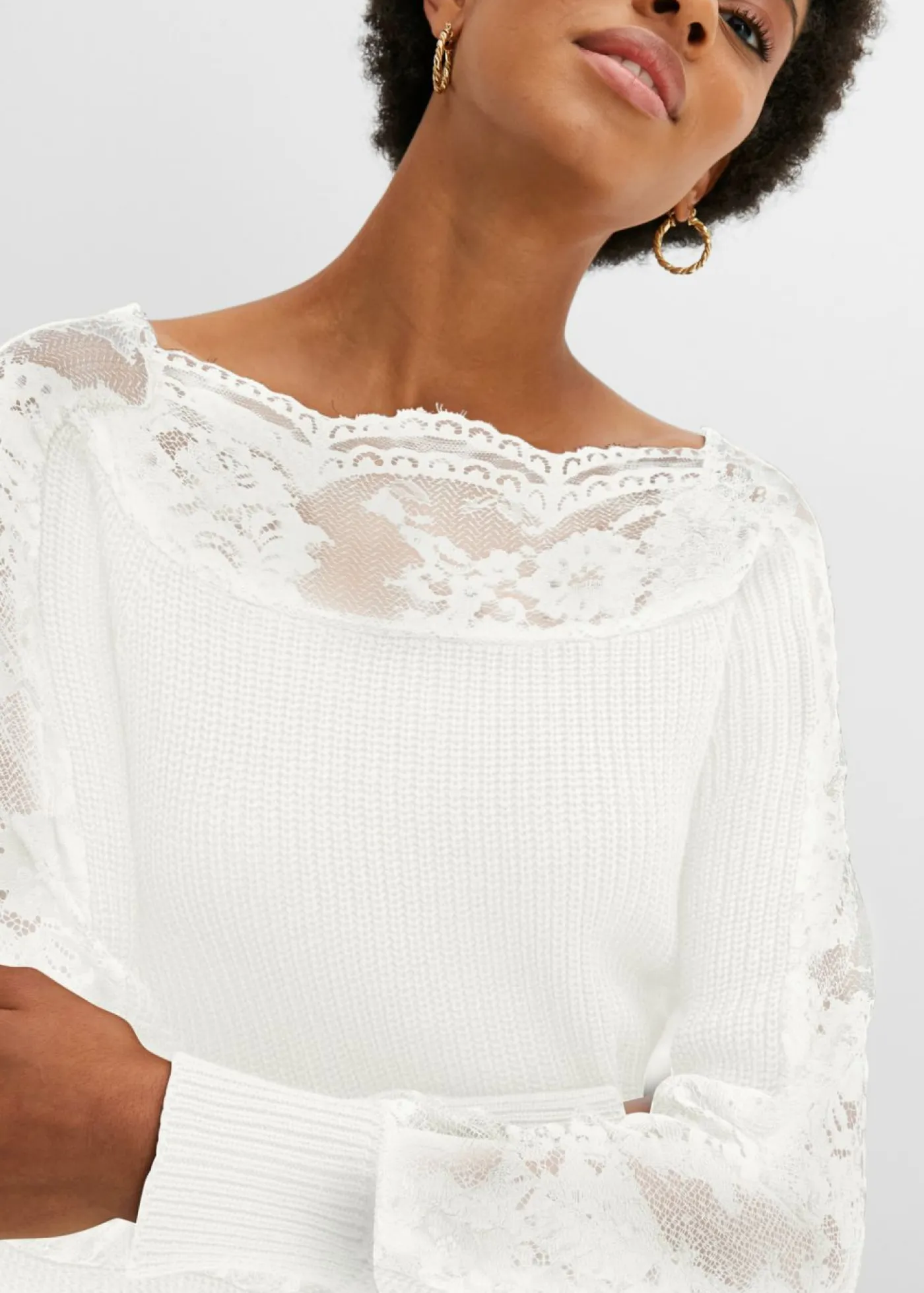 bonprix bonprix Jerséis|Ropa De Punto>Jersey con encaje Blanco lana