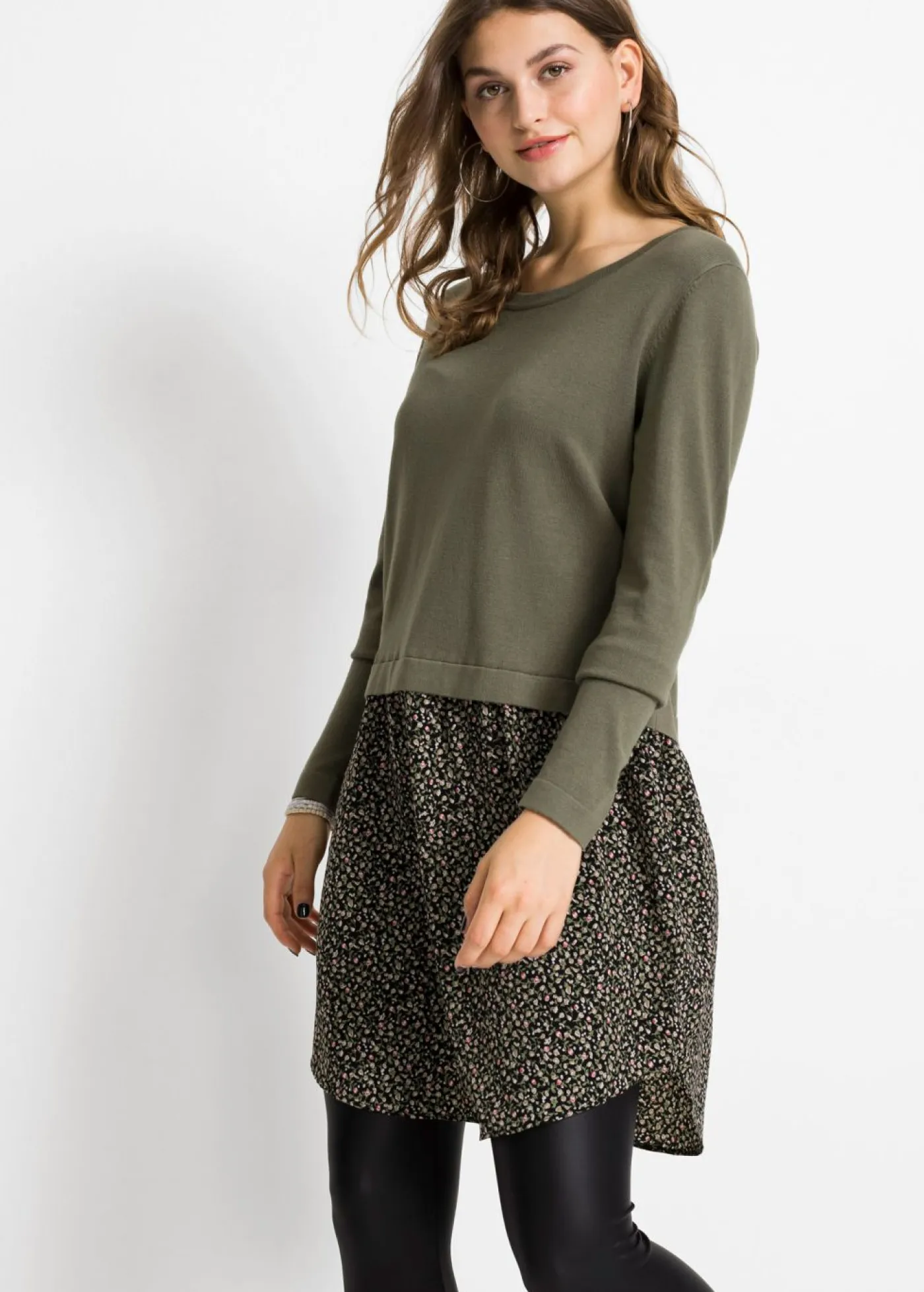 bonprix bonprix Jerséis|Ropa De Punto>Jersey con falda verde oliva con flores