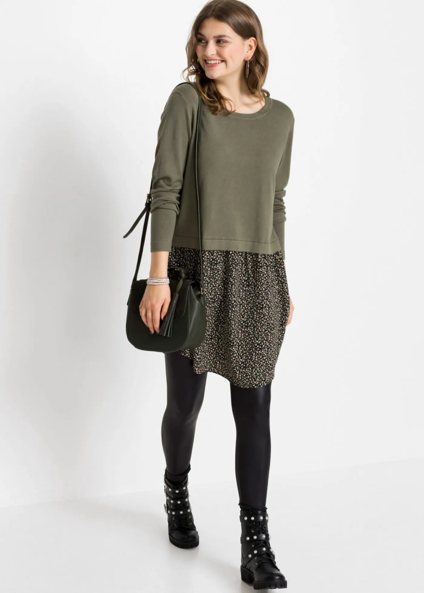 bonprix bonprix Jerséis|Ropa De Punto>Jersey con falda verde oliva con flores