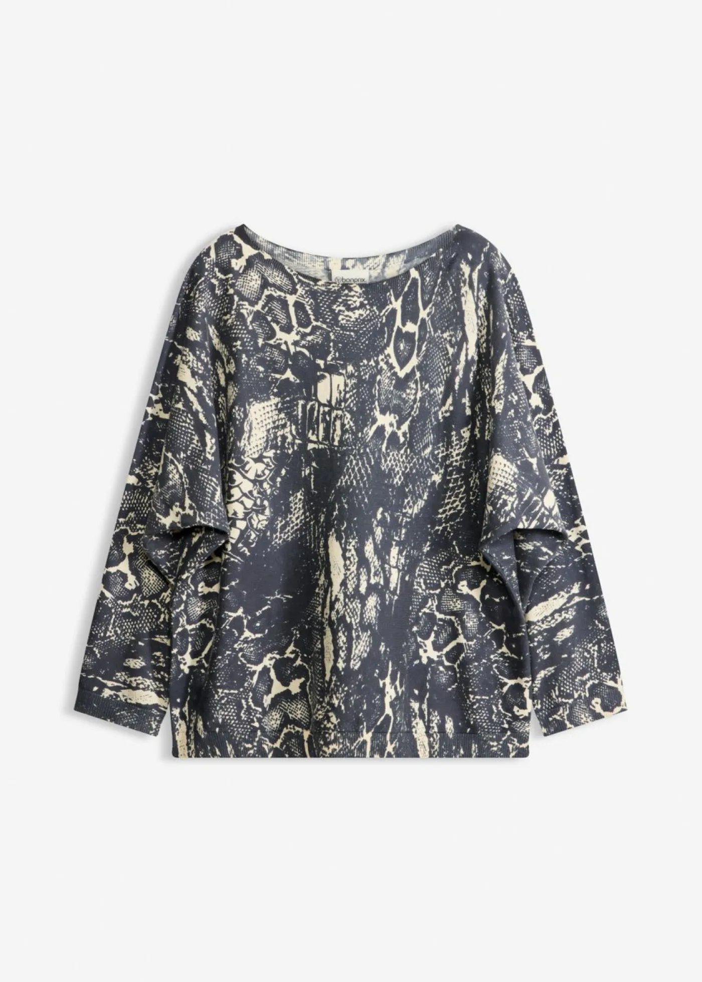 bonprix bonprix Jerséis|Ropa De Punto>Jersey con mangas tipo murciélago y estampado de serpiente Negro + blanco perla