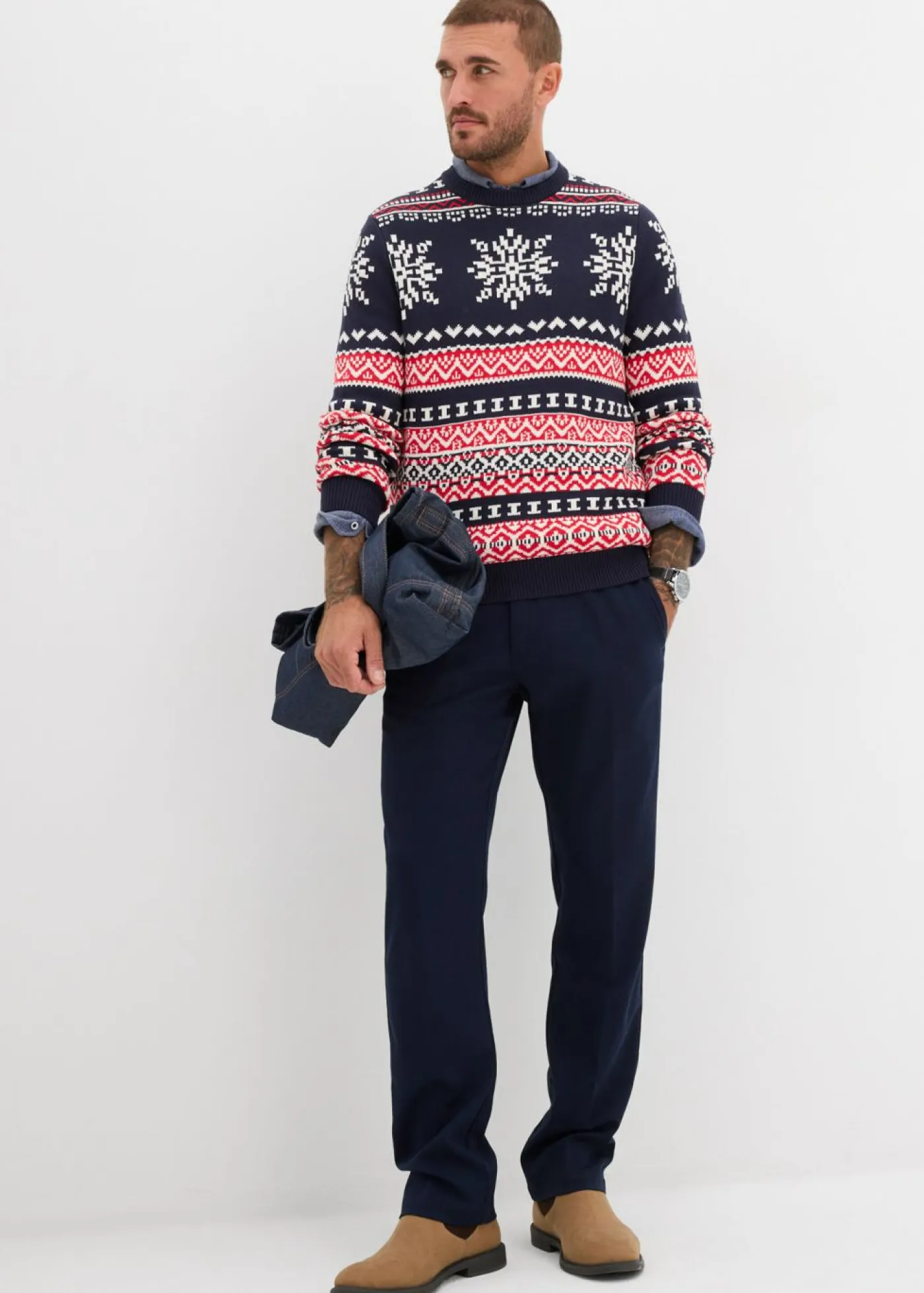 Hombre bonprix bonprix Jersey con patrón nórdico en suave mezcla de algodón