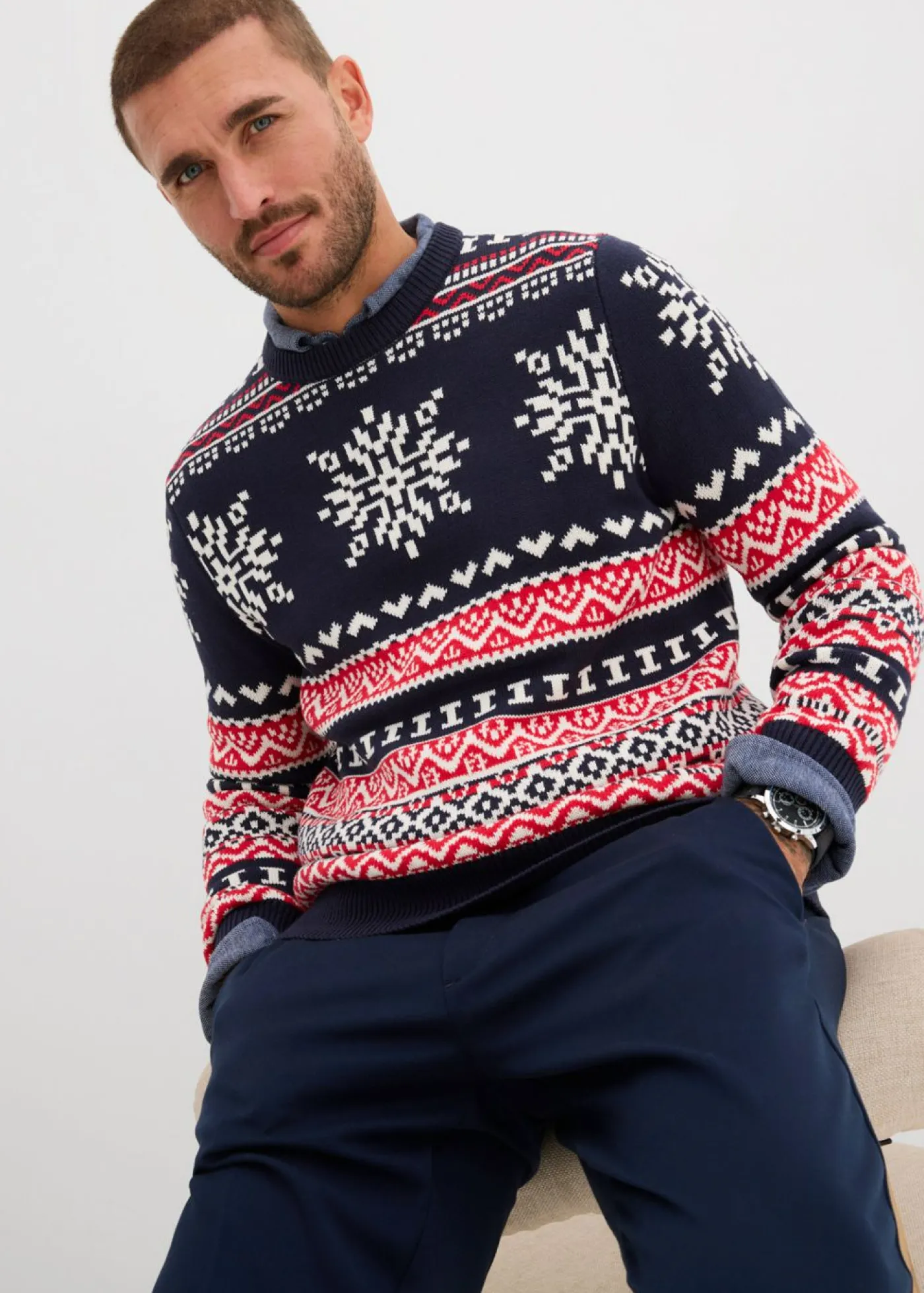 Hombre bonprix bonprix Jersey con patrón nórdico en suave mezcla de algodón