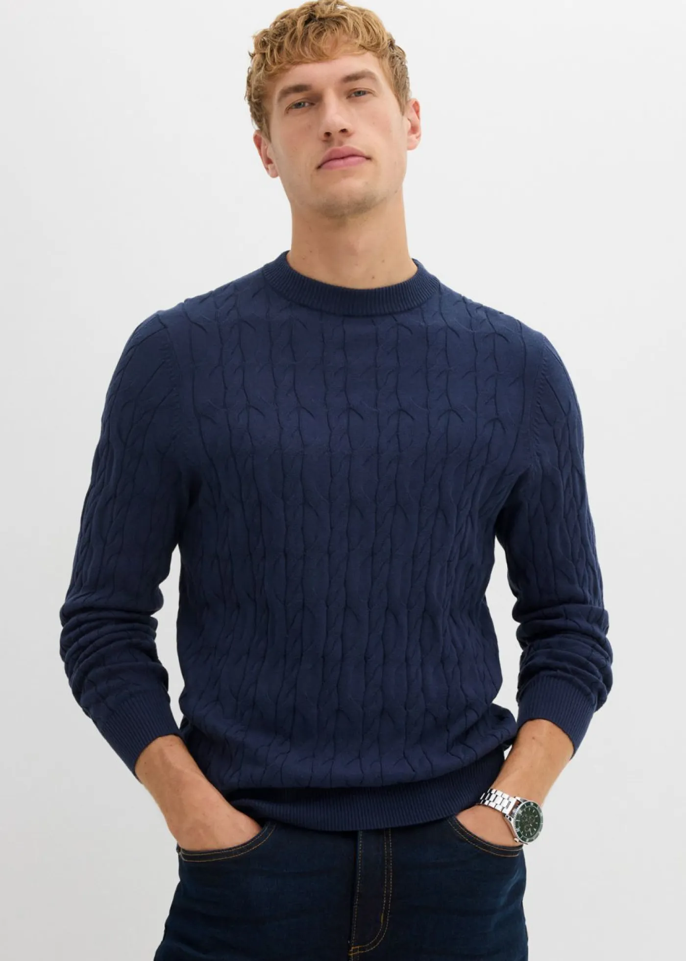 bonprix bonprix Jerséis Y Cárdigans>Jersey con patrón trenzado de algodón reciclable Azul marino