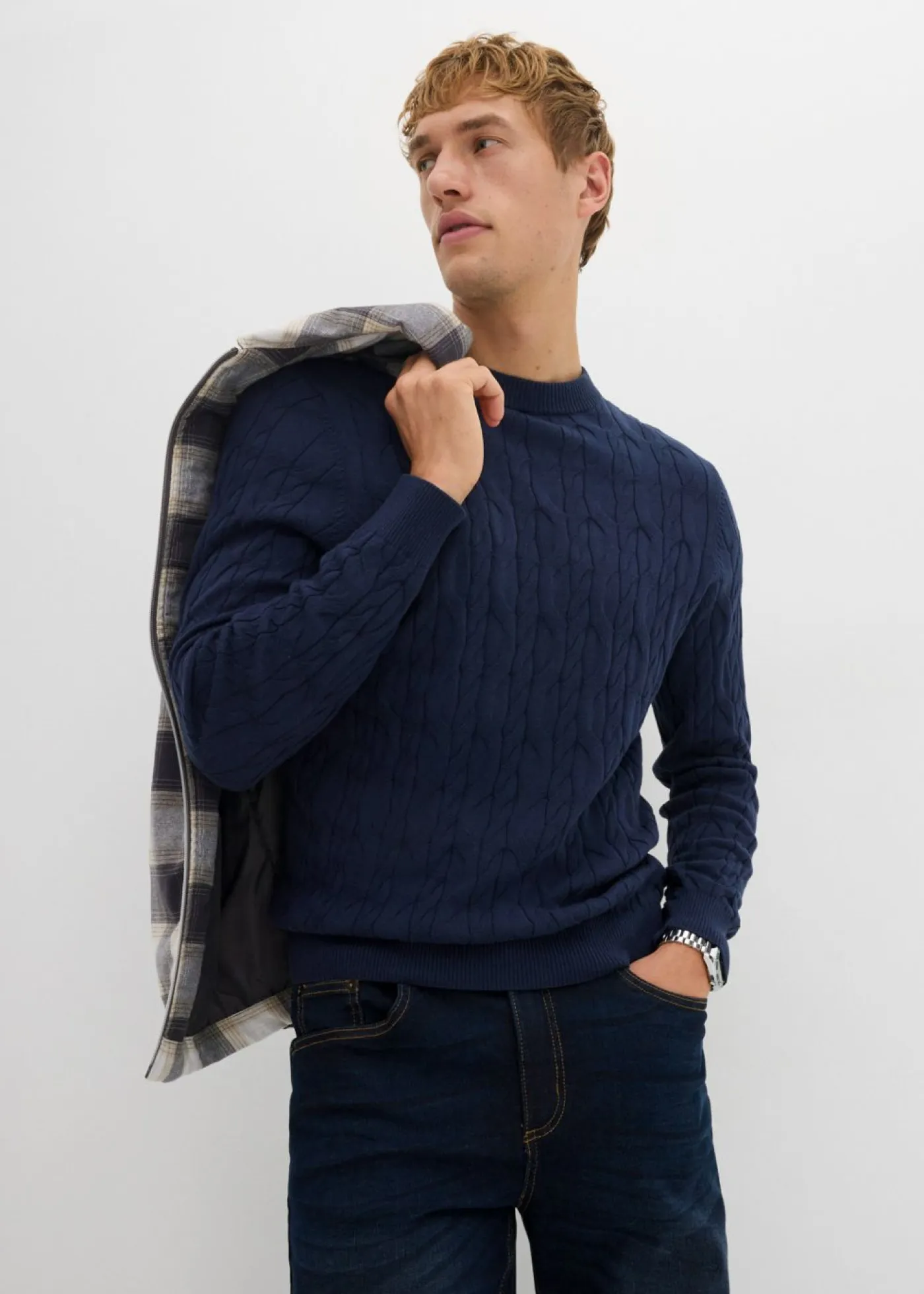 bonprix bonprix Jerséis Y Cárdigans>Jersey con patrón trenzado de algodón reciclable Azul marino