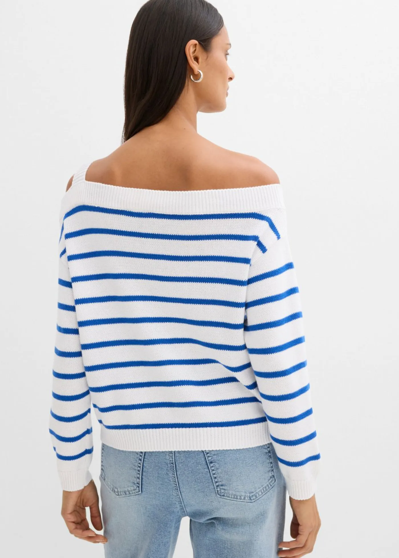 bonprix bonprix Jerséis>Jersey con un hombro al descubierto blanco-azul rayas horizontales