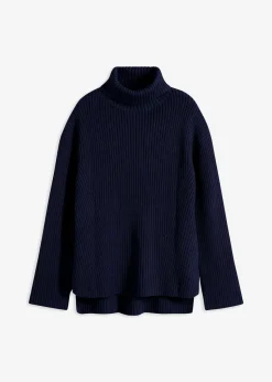 bonprix bonprix Jerséis|Ropa De Punto>Jersey de algodón puro con cuello vuelto Azul marino