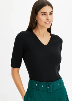 bonprix bonprix Jerséis|Ropa De Punto>Jersey de canalé de manga corta con viscosa Negro