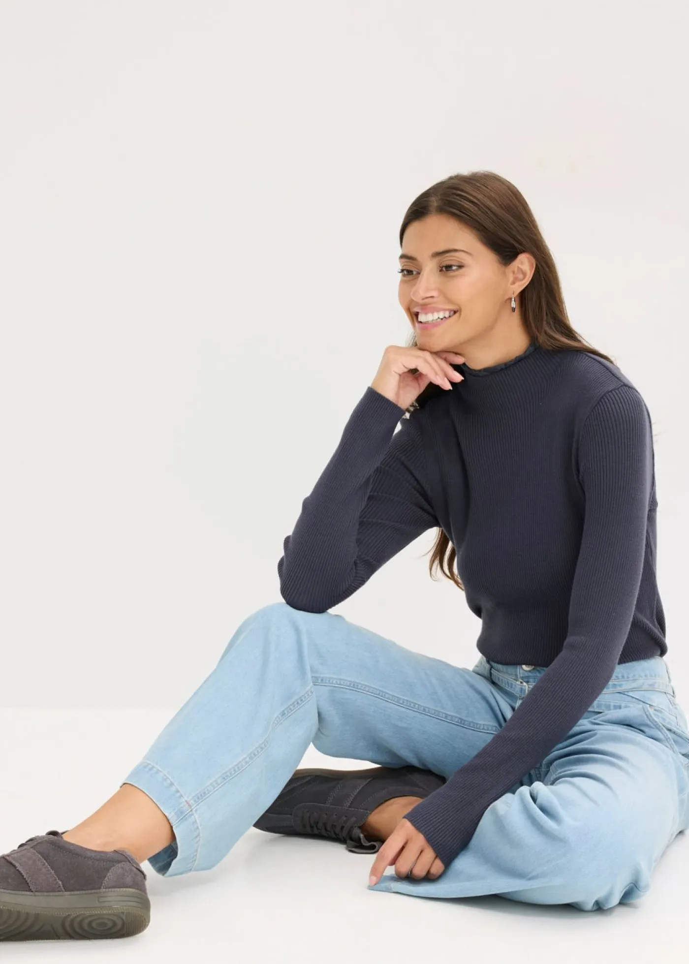 bonprix bonprix Jerséis|Ropa De Punto>Jersey de canalé de mezcla de viscosa fluida Azul oscuro