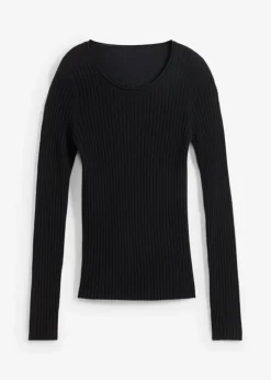 bonprix bonprix Premium|Jerséis>Jersey de canalé en lana merina Negro