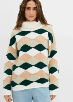 bonprix bonprix Jerséis|Ropa De Punto>Jersey de cuello alto con patrón blanco lana/verde alga/verde intenso/capuchino