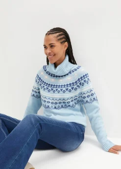 bonprix bonprix Jerséis|Ropa De Punto>Jersey de cuello alto con patrón nórdico Azul niebla con patrón nórdico