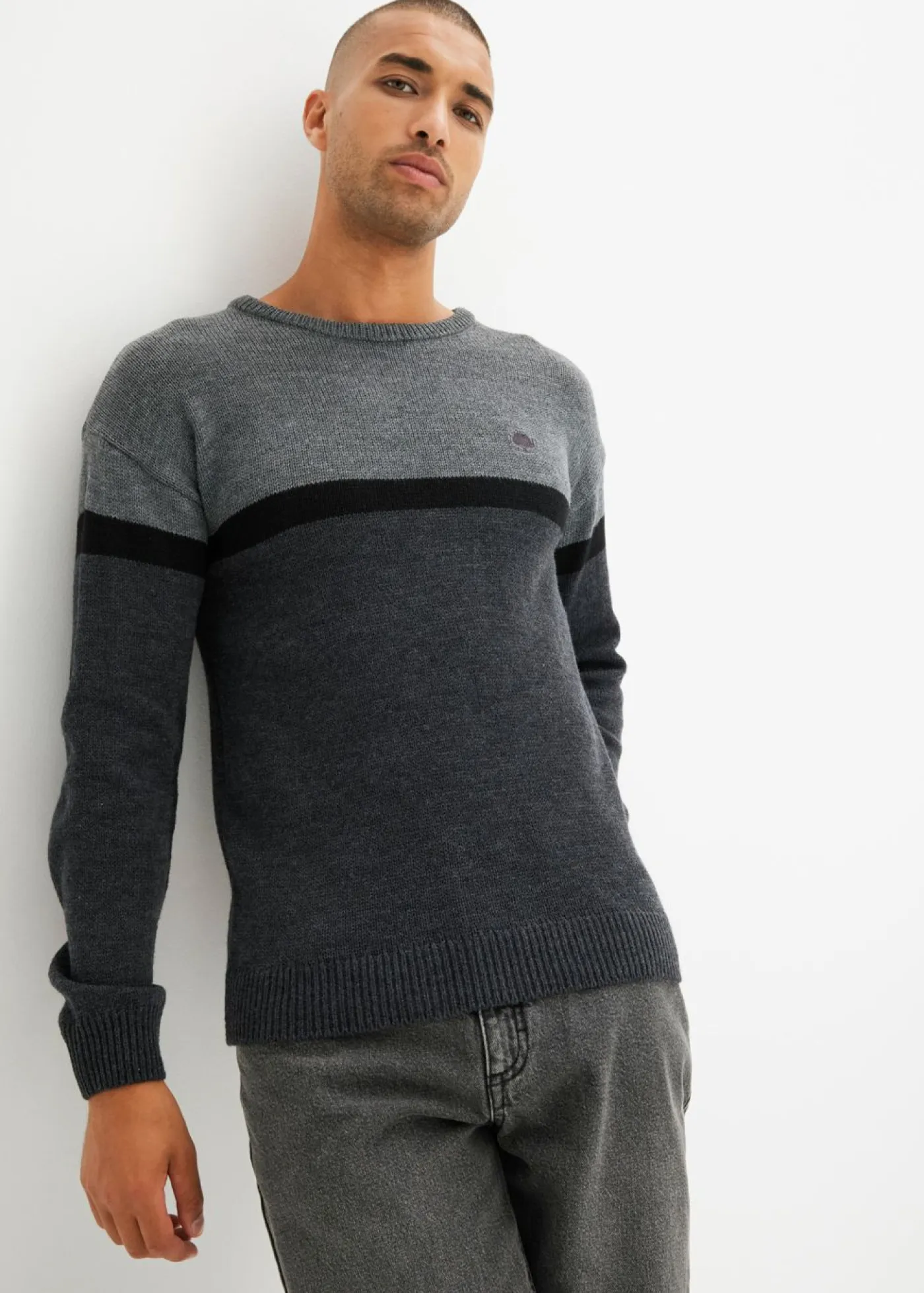 bonprix bonprix Jerséis Y Cárdigans>Jersey de cuello redondo de fácil cuidado, en diseño de bloques de color gris jaspeado-antracita jaspeado-negro moteado