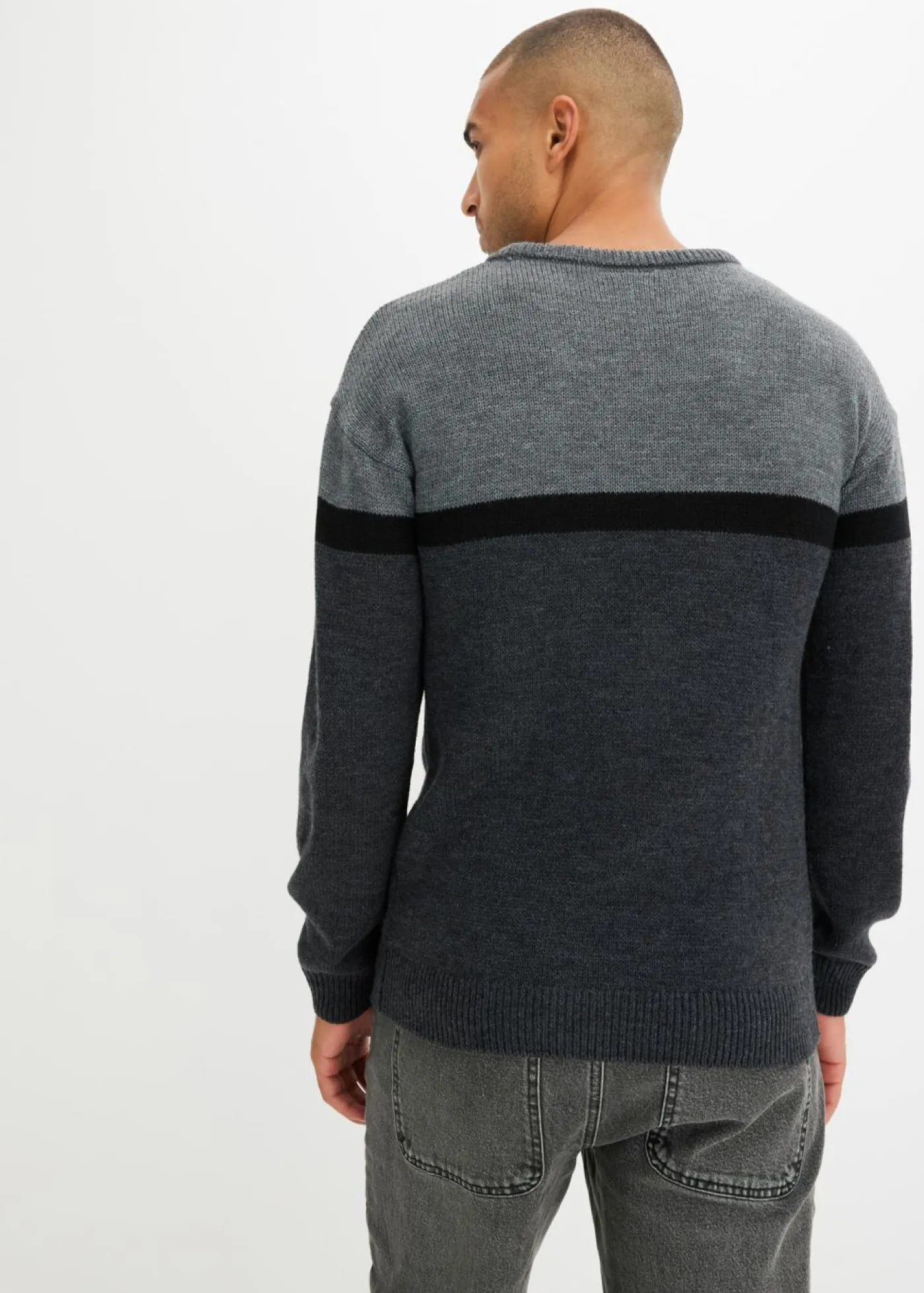 bonprix bonprix Jerséis Y Cárdigans>Jersey de cuello redondo de fácil cuidado, en diseño de bloques de color gris jaspeado-antracita jaspeado-negro moteado