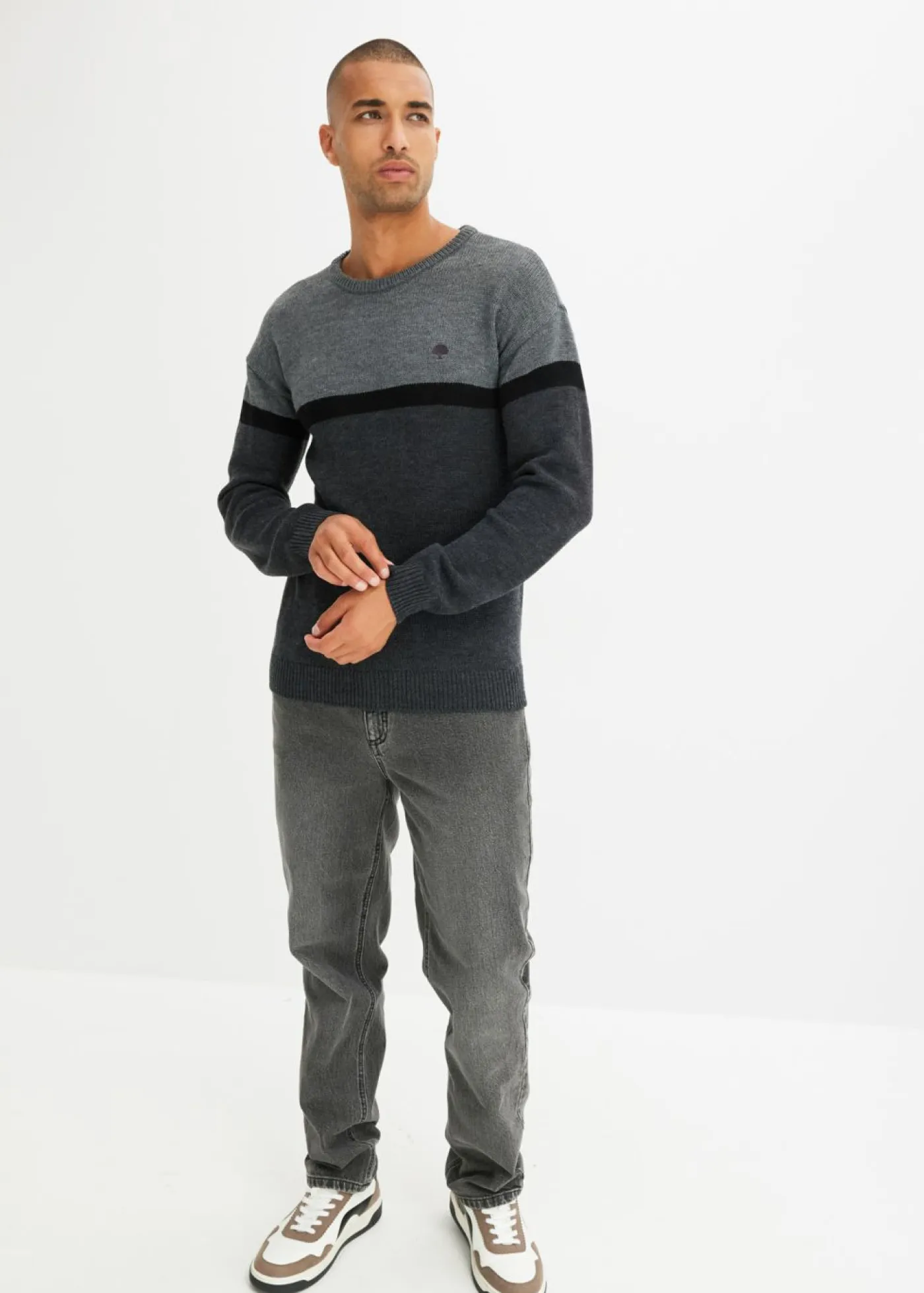 bonprix bonprix Jerséis Y Cárdigans>Jersey de cuello redondo de fácil cuidado, en diseño de bloques de color gris jaspeado-antracita jaspeado-negro moteado