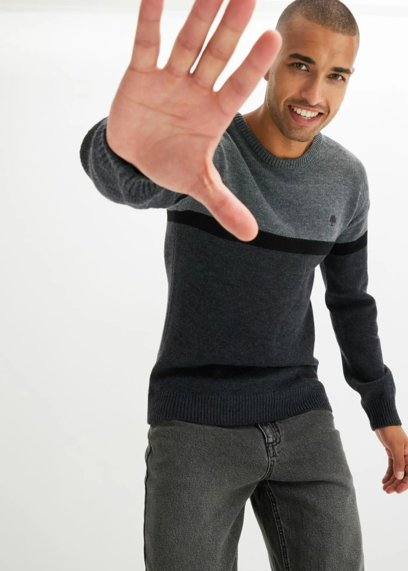 bonprix bonprix Jerséis Y Cárdigans>Jersey de cuello redondo de fácil cuidado, en diseño de bloques de color gris jaspeado-antracita jaspeado-negro moteado