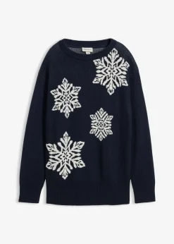 bonprix bonprix Jerséis|Ropa De Punto>Jersey de cuello redondo con copos de nieve Azul marino + blanco lana