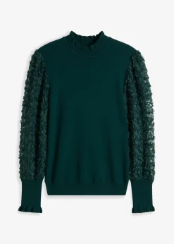 bonprix bonprix Jerséis|Ropa De Punto>Jersey de cuello vuelto con mangas decorativas de gasa Verde intenso