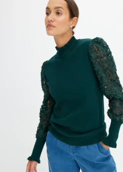 bonprix bonprix Jerséis|Ropa De Punto>Jersey de cuello vuelto con mangas decorativas de gasa Verde intenso