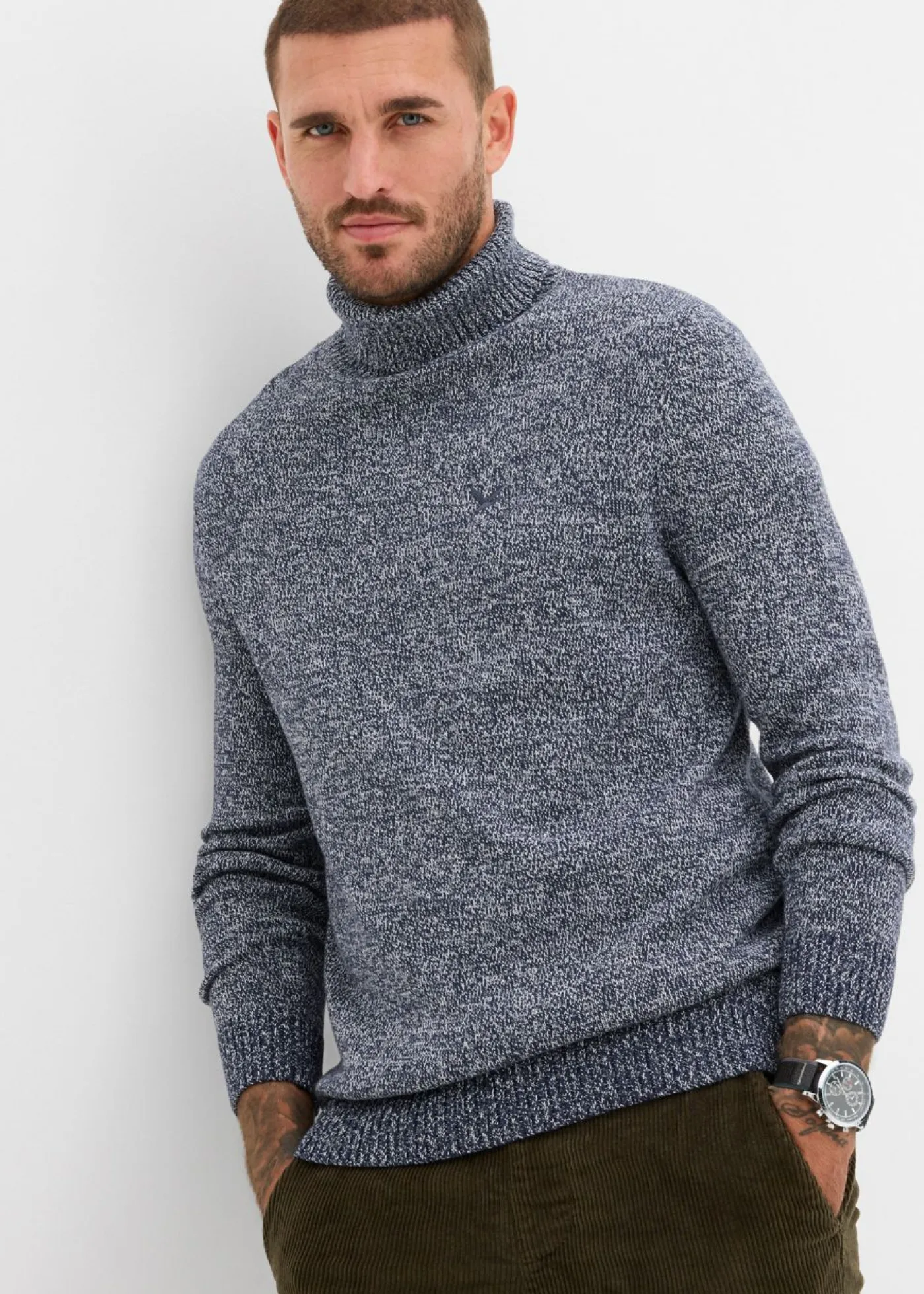 bonprix bonprix Básicos En Rebajas|Jerséis Y Cárdigans>Jersey de cuello vuelto con algodón Azul marino/blanco jaspeado