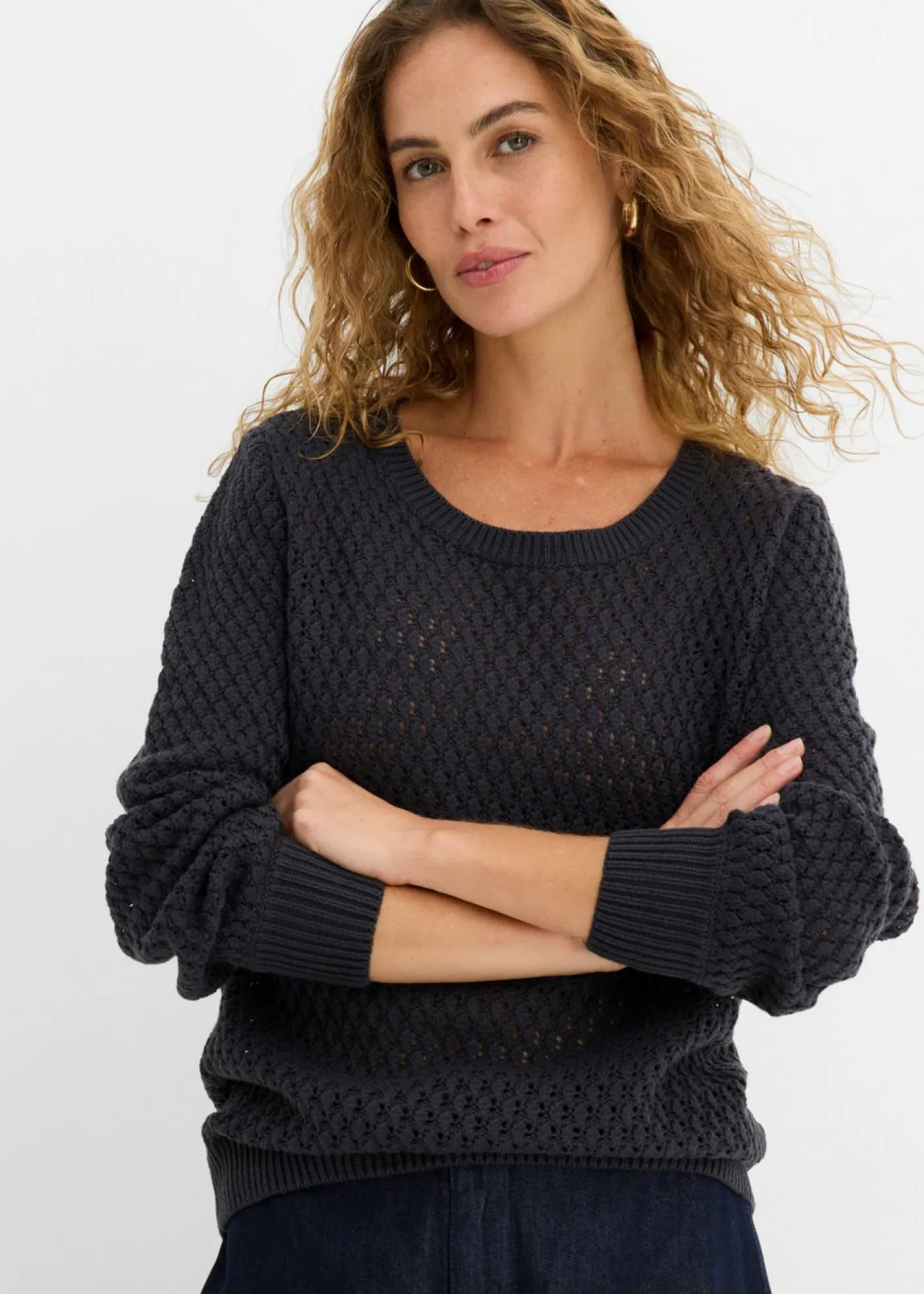 bonprix bonprix Ropa De Punto|Jerséis>Jersey de mezcla de algodón con punto estructurado Azul oscuro