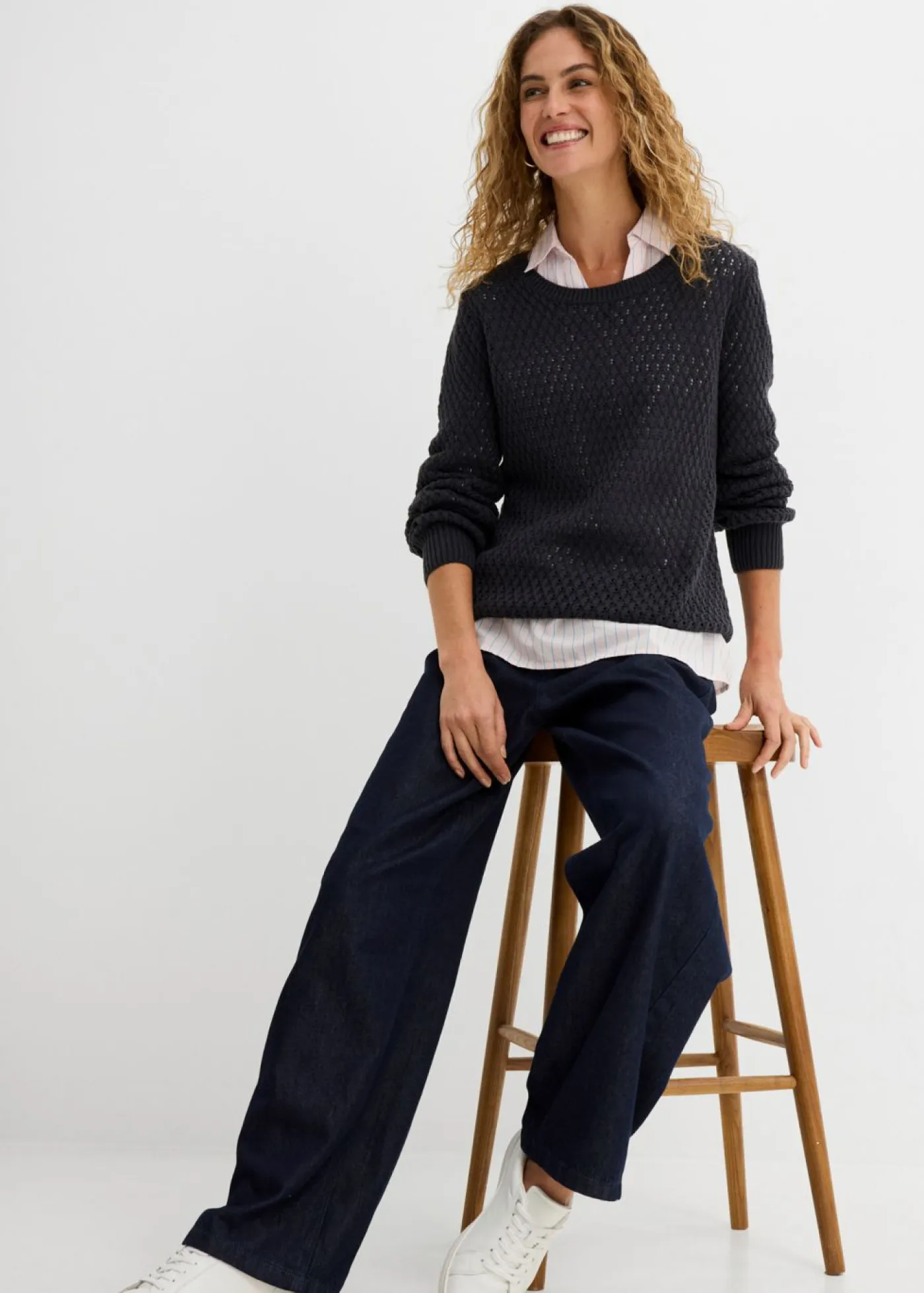 bonprix bonprix Ropa De Punto|Jerséis>Jersey de mezcla de algodón con punto estructurado Azul oscuro