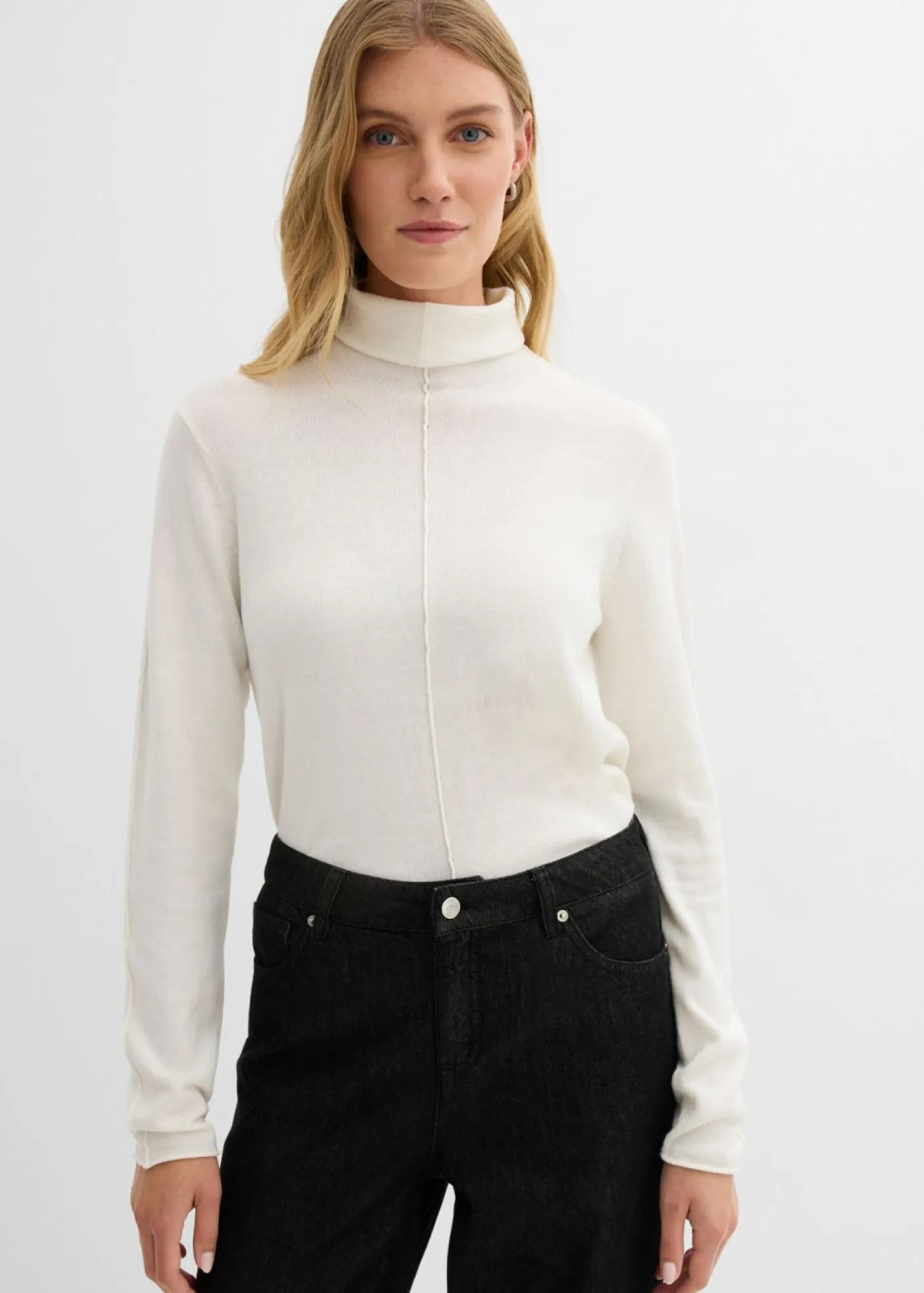 bonprix bonprix Esenciales|Jerséis>Jersey de mezcla de cachemir suave con cuello vuelto Blanco lana