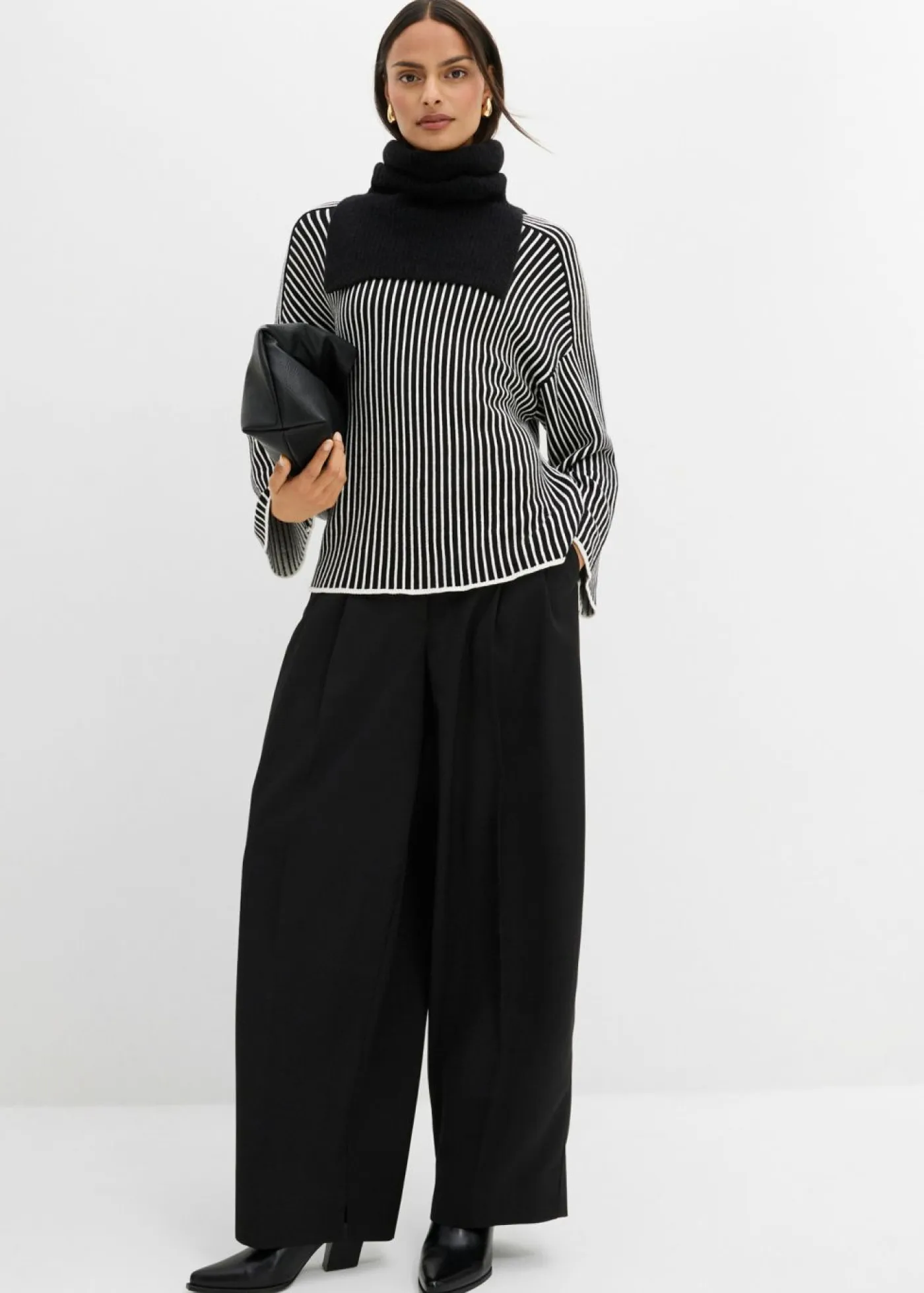 bonprix bonprix Esenciales|Jerséis>Jersey de mezcla de viscosa con cuello alto negro-blanco lana rayas verticales