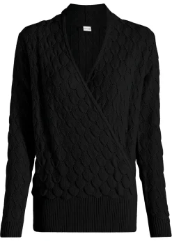 bonprix bonprix Jerséis|Ropa De Punto>Jersey de punto ajour con aspecto cruzado Negro