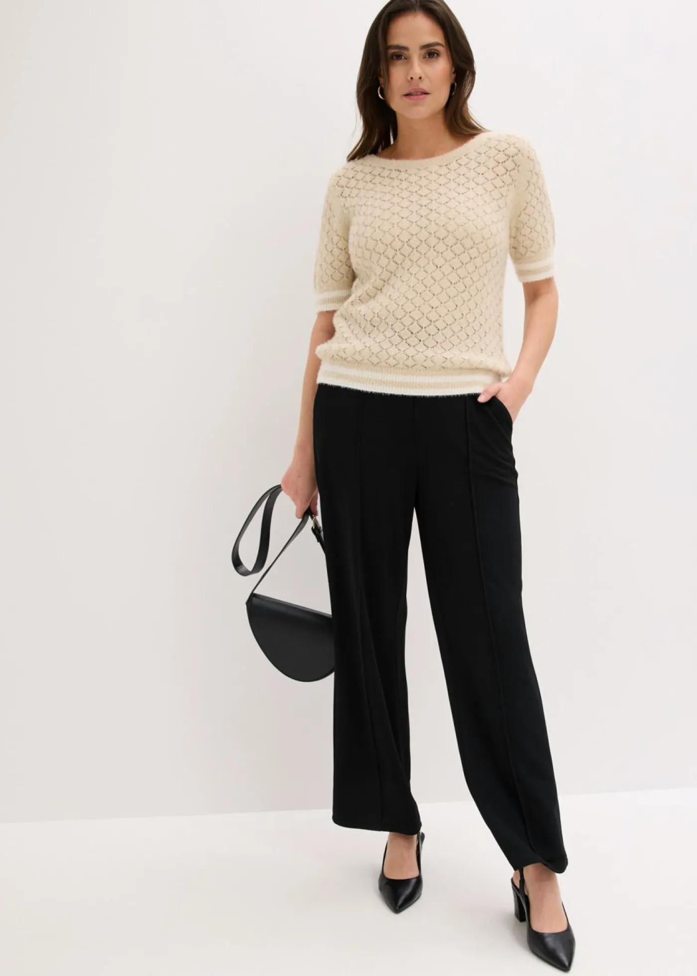 bonprix bonprix Jerséis|Novedades>Jersey de punto ajour con hilo suave Arena claro-blanco lana