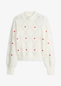 bonprix bonprix Jerséis|Ropa De Punto>Jersey de punto ajour de mezcla de algodón Blanco lana-rojo estampado