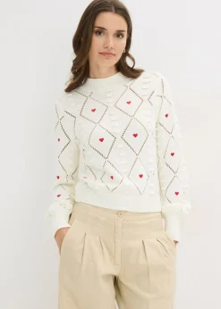 bonprix bonprix Jerséis|Ropa De Punto>Jersey de punto ajour de mezcla de algodón Blanco lana-rojo estampado
