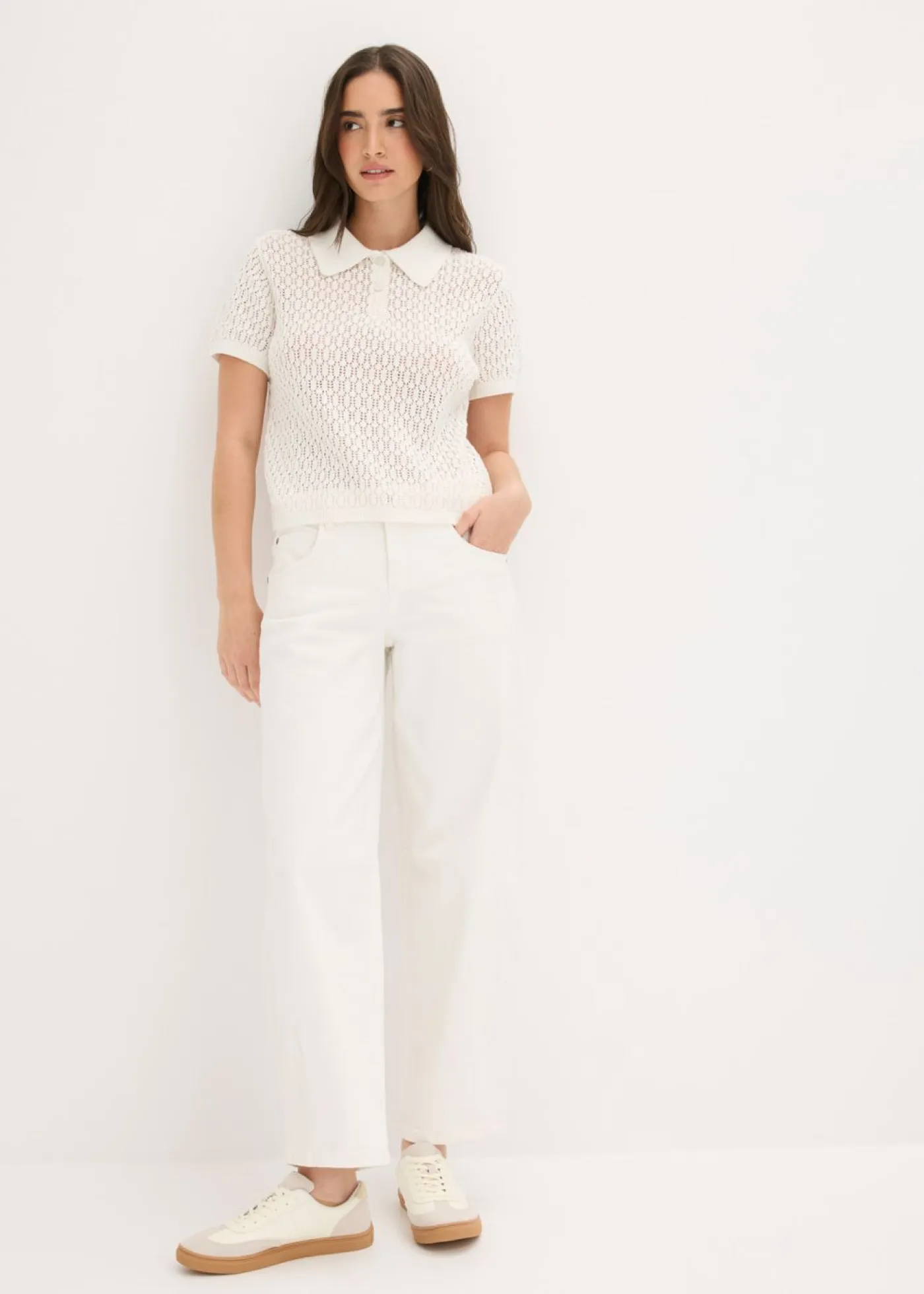 bonprix bonprix Camisetas|Novedades>Jersey de punto ajour de algodón puro Blanco lana