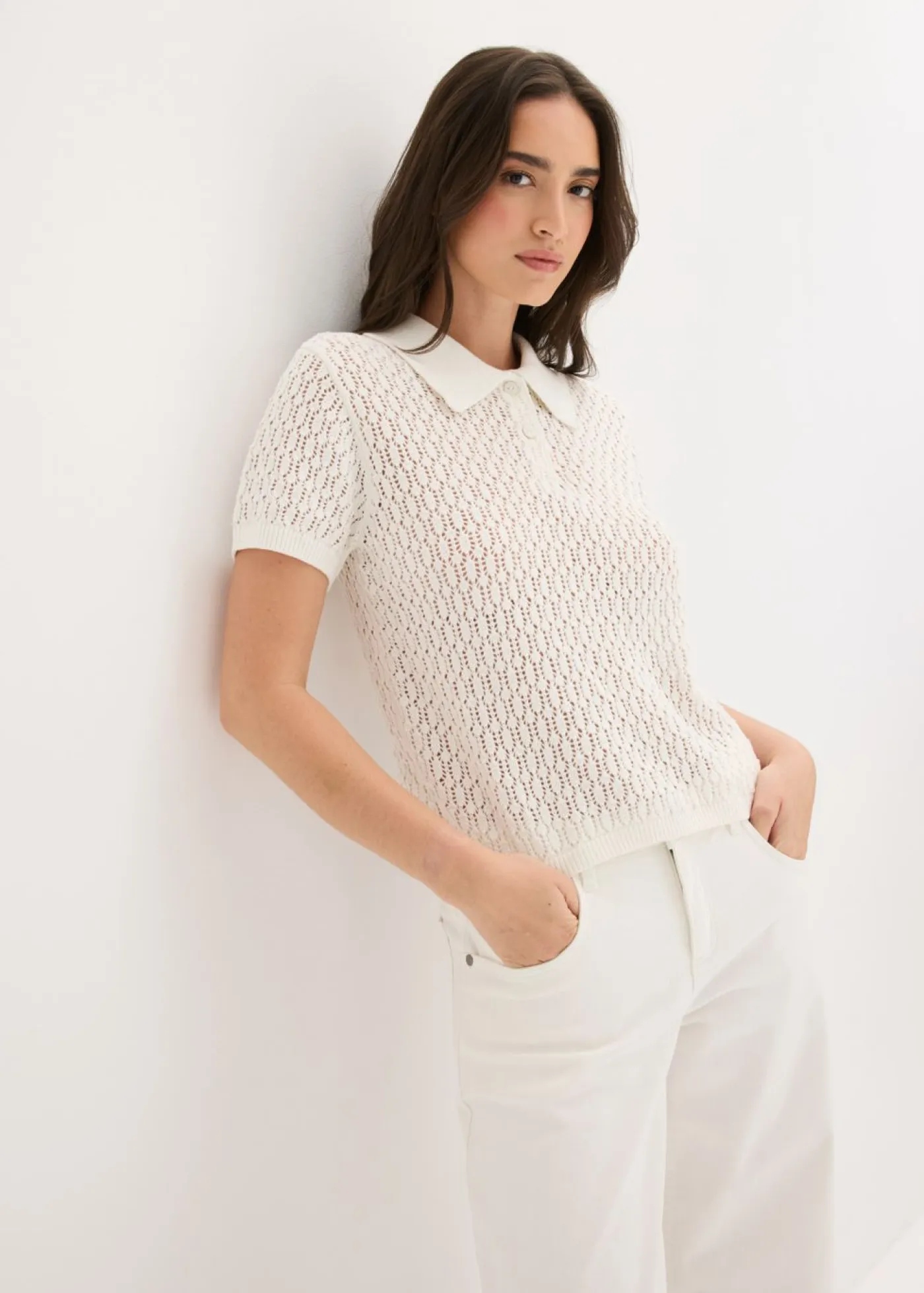 bonprix bonprix Camisetas|Novedades>Jersey de punto ajour de algodón puro Blanco lana